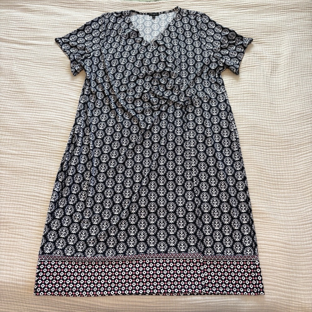 Talbots Dress Womens‎ 2X Black Medallion Print Knit Jersey Faux Wrap Stretch